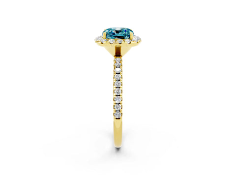 Yellow gold Cushion Cut Cut Diamond Floral Halo Engagement Ring with Pavé Band and Prong Setting_2