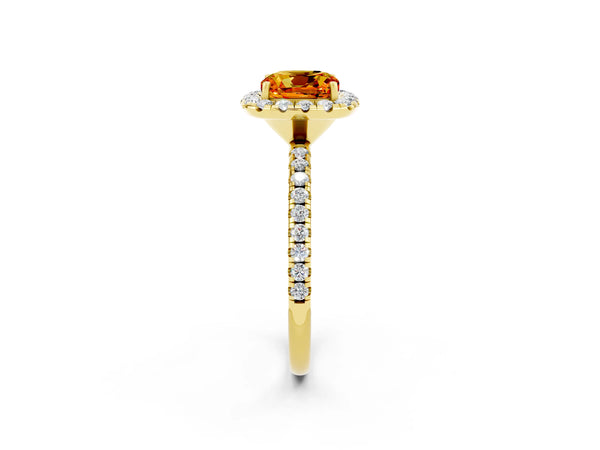 Yellow gold Cushion Cut Citrine Halo Engagement Ring with Round Pavé Band and Prong Setting