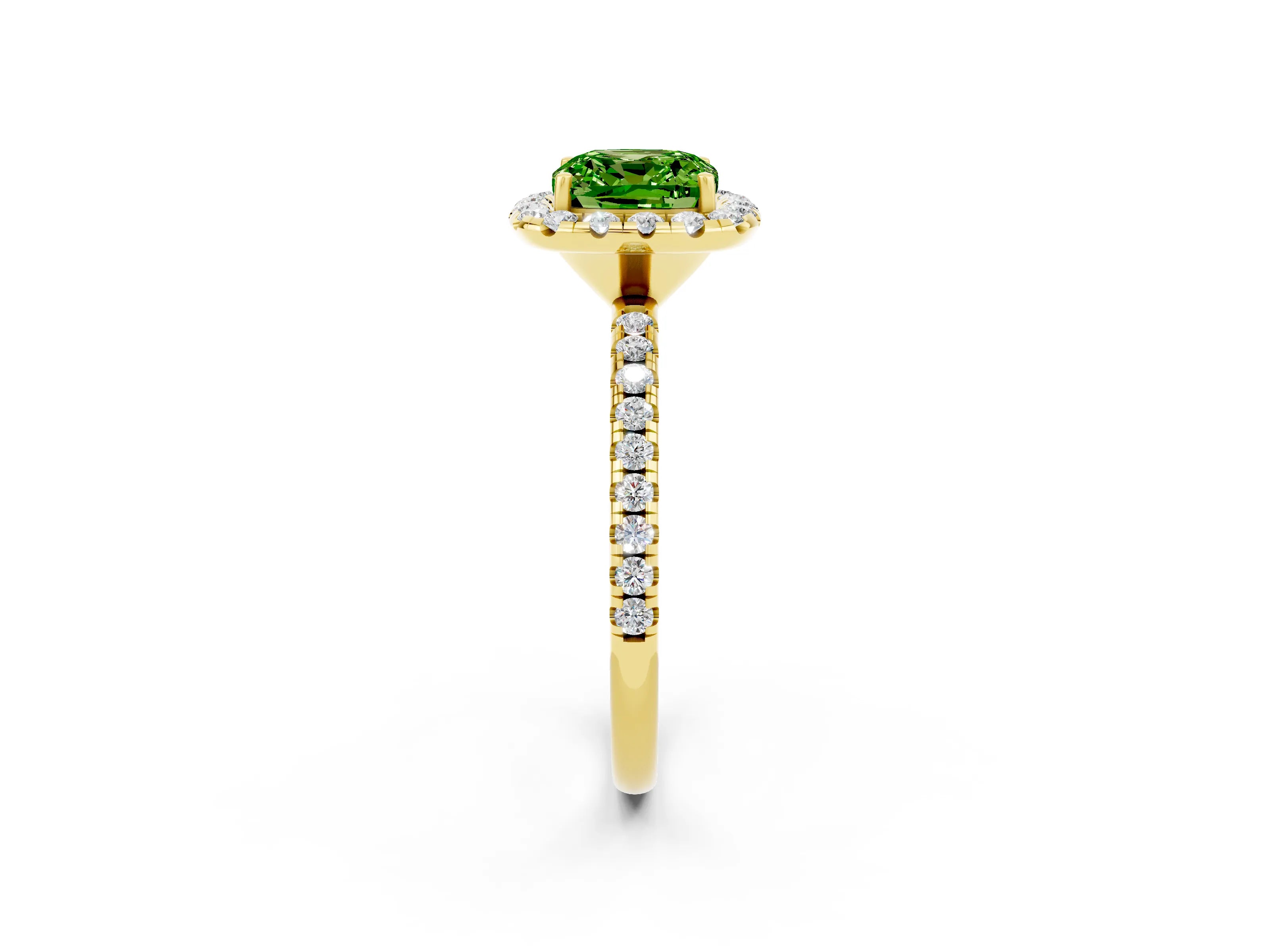 Yellow gold Cushion Cut Cut Diamond Floral Halo Engagement Ring with Pavé Band and Prong Setting_2