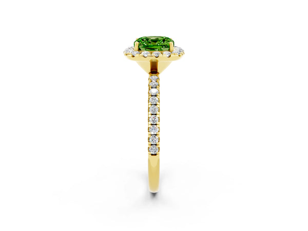 Yellow gold Cushion Cut Cut Diamond Floral Halo Engagement Ring with Pavé Band and Prong Setting
