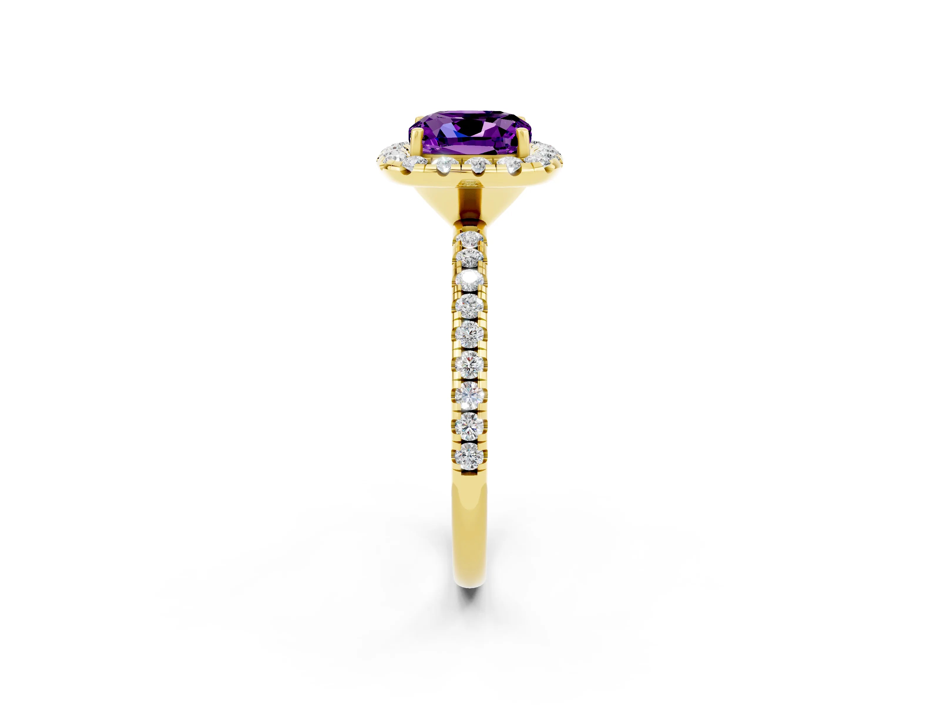 Yellow gold Cushion Cut Cut Diamond Floral Halo Engagement Ring with Pavé Band and Prong Setting_2