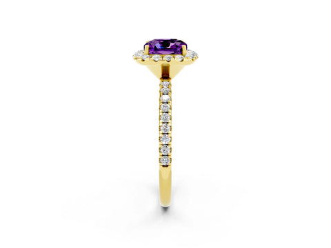 Yellow gold Cushion Cut Cut Diamond Floral Halo Engagement Ring with Pavé Band and Prong Setting_2