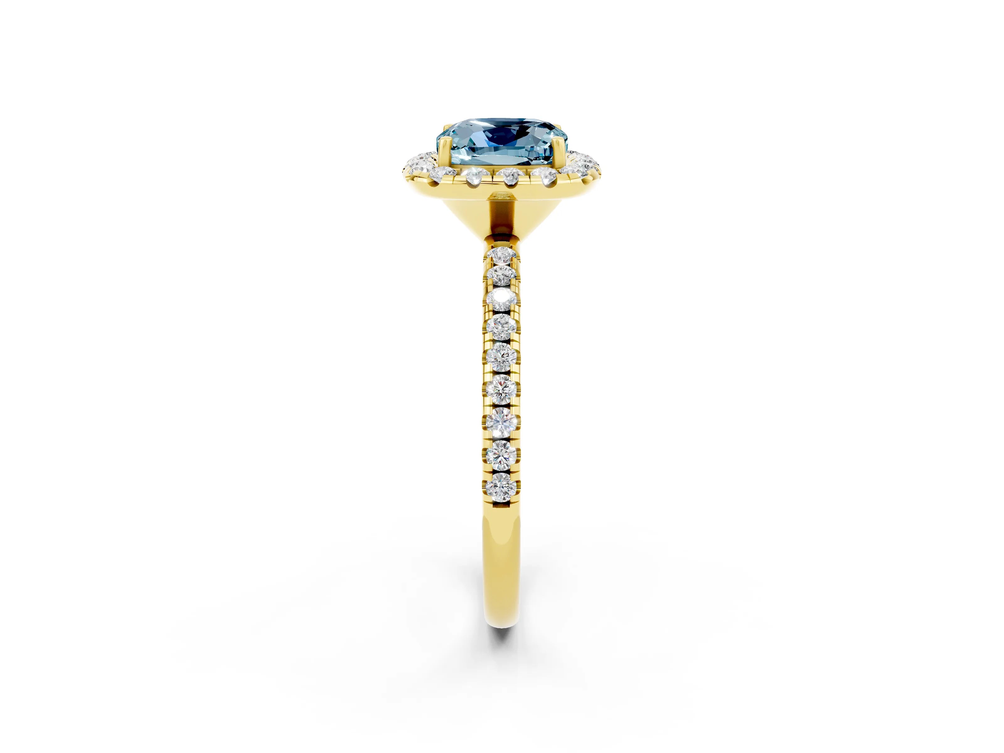 Yellow gold Cushion Cut Cut Diamond Floral Halo Engagement Ring with Pavé Band and Prong Setting_2