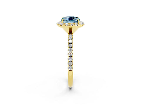 Yellow gold Cushion Cut Cut Diamond Floral Halo Engagement Ring with Pavé Band and Prong Setting_2