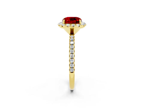 Yellow gold Cushion Cut Cut Diamond Floral Halo Engagement Ring with Pavé Band and Prong Setting_2