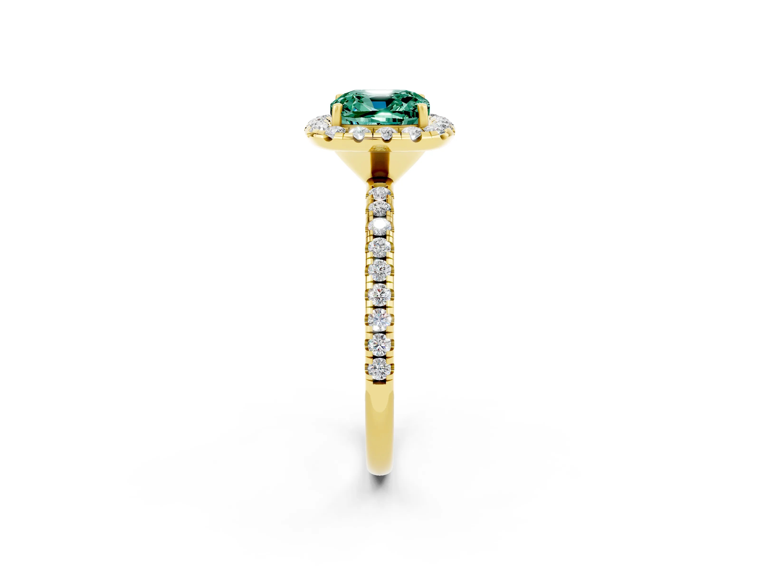 Yellow gold Cushion Cut Cut Diamond Floral Halo Engagement Ring with Pavé Band and Prong Setting_2