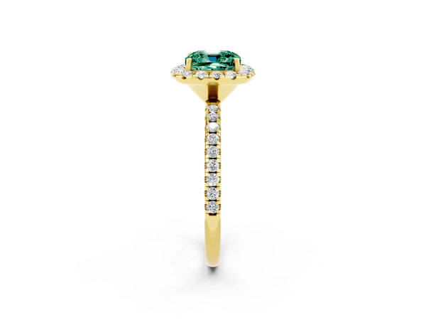 Yellow gold Cushion Cut Green Sapphire Halo Engagement Ring with Round Pavé Band and Prong Setting