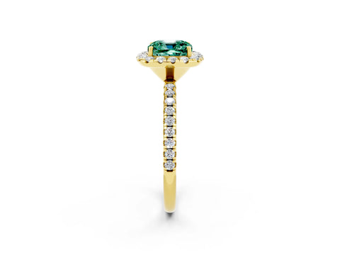 Yellow gold Cushion Cut Cut Diamond Floral Halo Engagement Ring with Pavé Band and Prong Setting_2