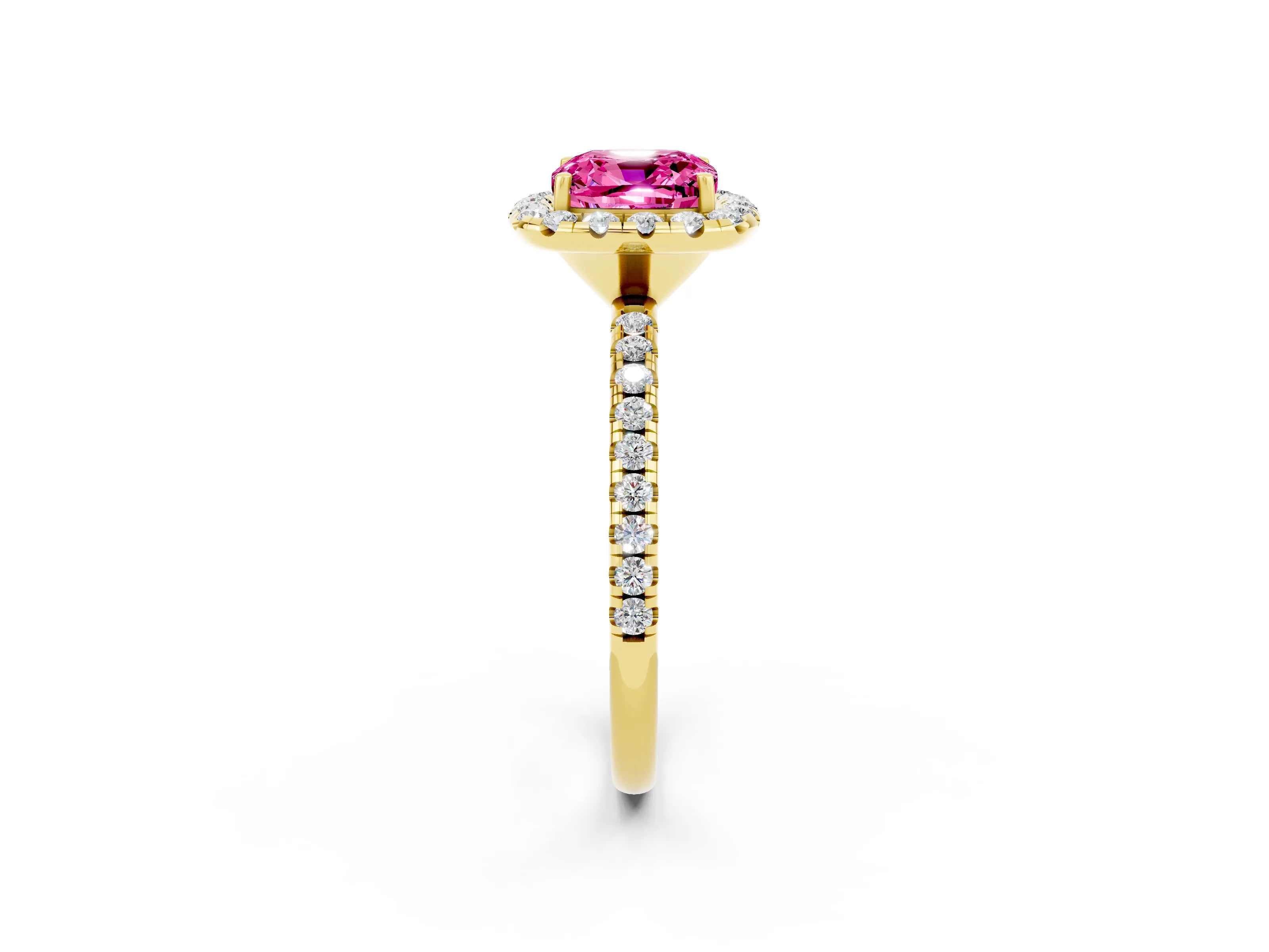 Yellow gold Cushion Cut Cut Diamond Floral Halo Engagement Ring with Pavé Band and Prong Setting_2