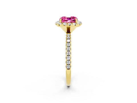Yellow gold Cushion Cut Cut Diamond Floral Halo Engagement Ring with Pavé Band and Prong Setting_2