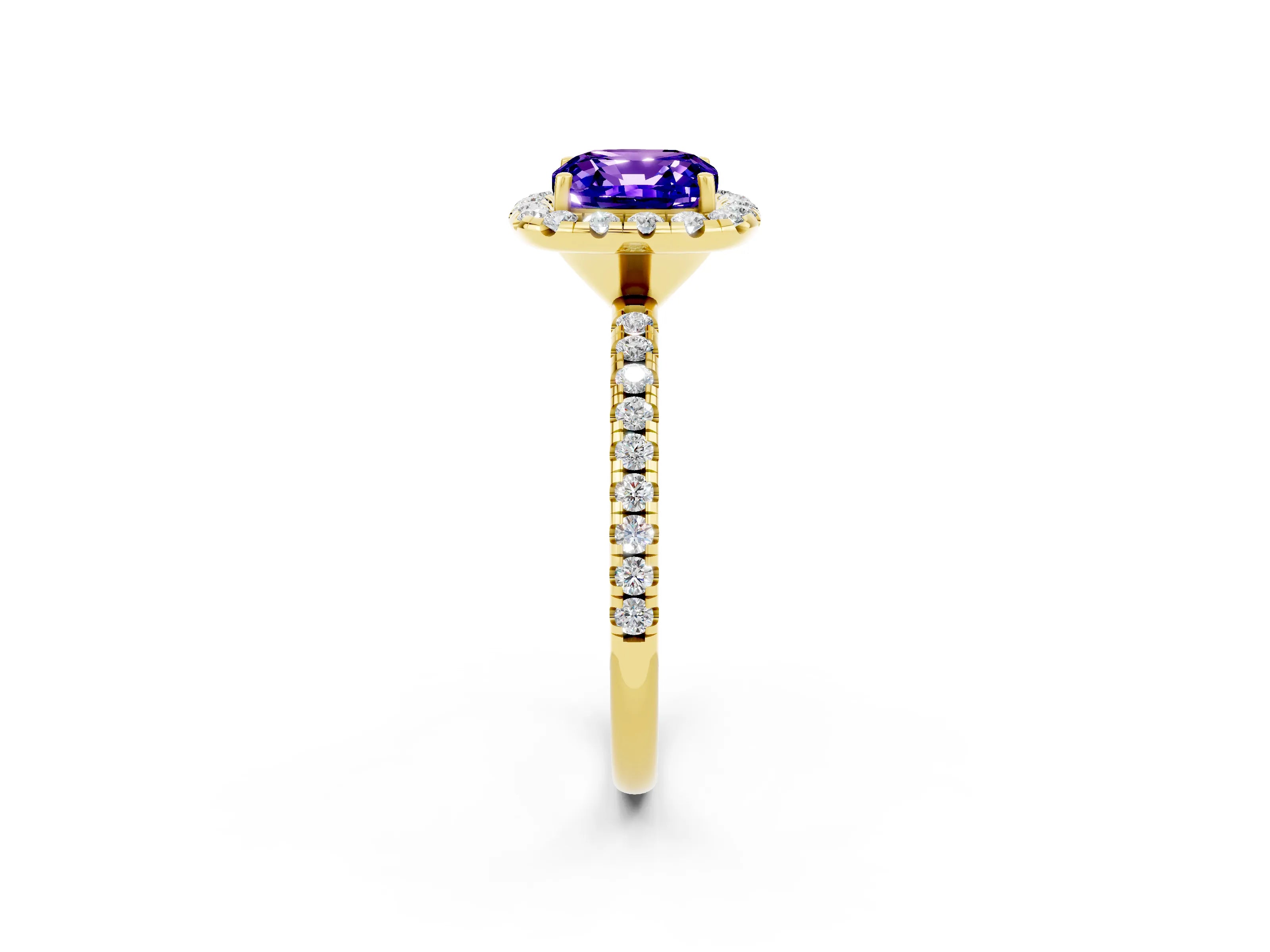 Yellow gold Cushion Cut Cut Diamond Floral Halo Engagement Ring with Pavé Band and Prong Setting_2