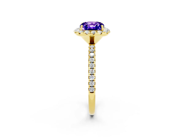 Yellow gold Cushion Cut Tanzanite Halo Engagement Ring with Round Pavé Band and Prong Setting