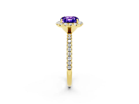 Yellow gold Cushion Cut Cut Diamond Floral Halo Engagement Ring with Pavé Band and Prong Setting_2