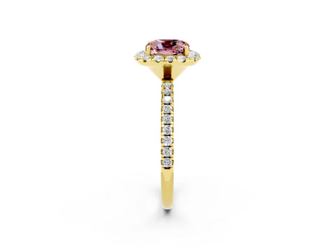 Yellow gold Cushion Cut Cut Diamond Floral Halo Engagement Ring with Pavé Band and Prong Setting_2