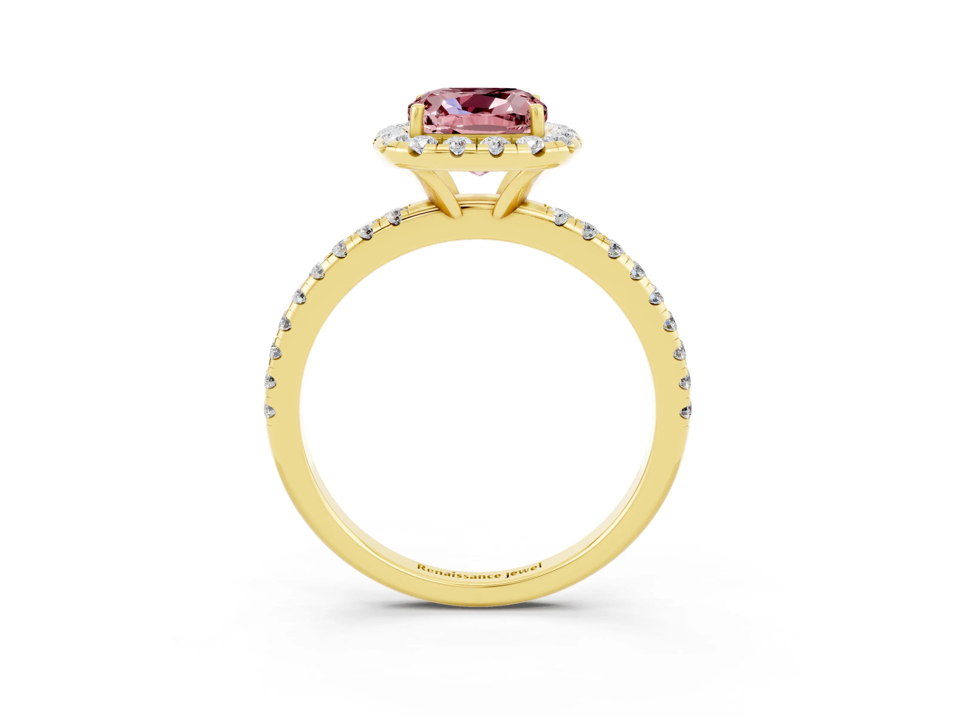Yellow gold Cushion Cut Cut Diamond Floral Halo Engagement Ring with Pavé Band and Prong Setting_3