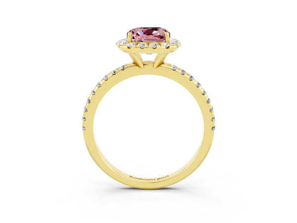Yellow gold Cushion Cut Cut Diamond Floral Halo Engagement Ring with Pavé Band and Prong Setting