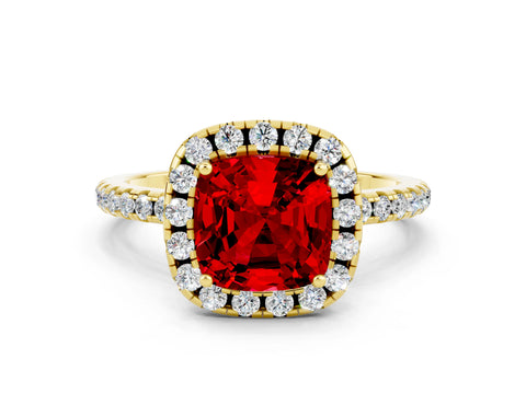 Yellow gold Cushion Cut Cut Diamond Floral Halo Engagement Ring with Pavé Band and Prong Setting