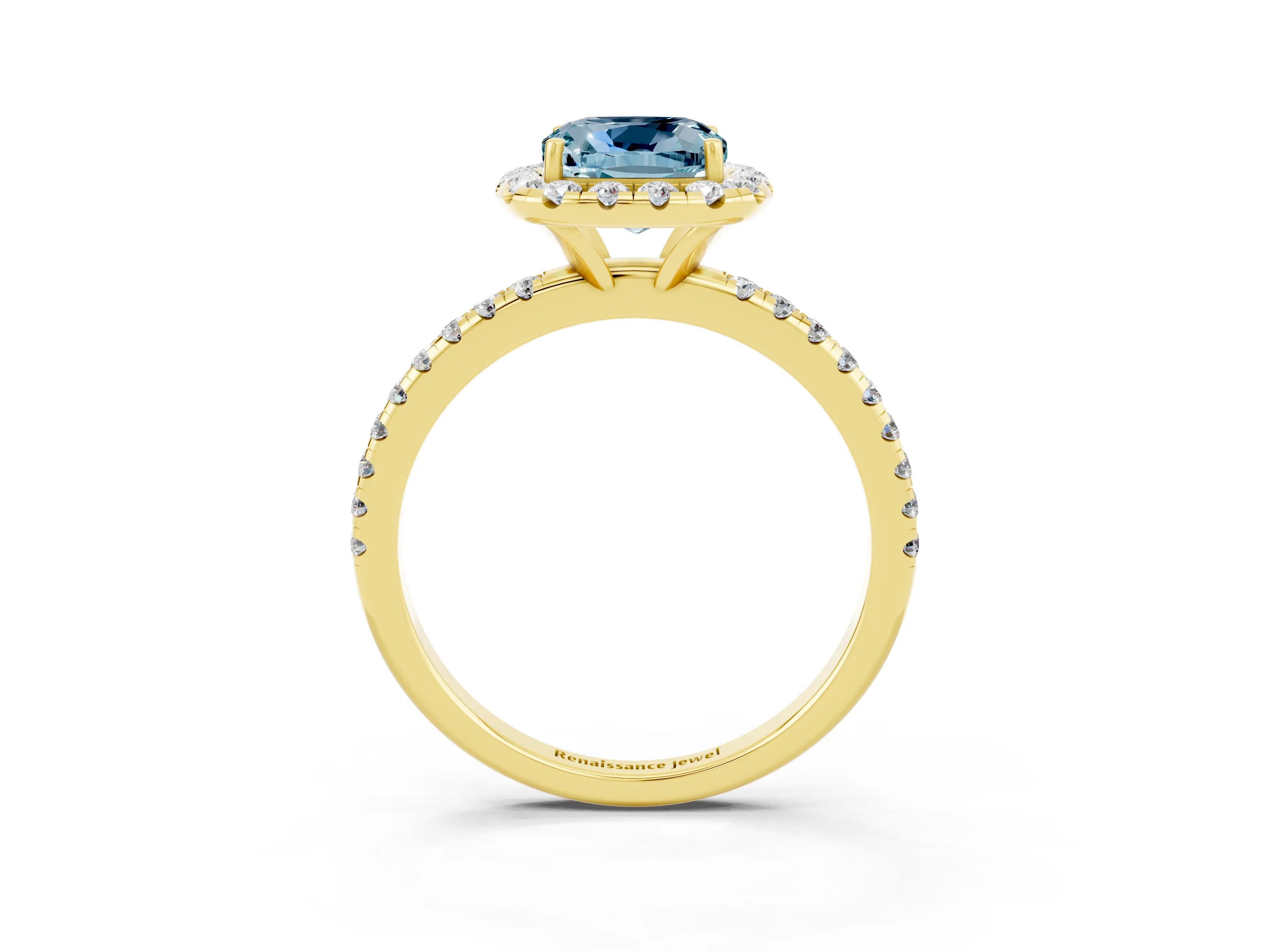 Yellow gold Cushion Cut Cut Diamond Floral Halo Engagement Ring with Pavé Band and Prong Setting_3
