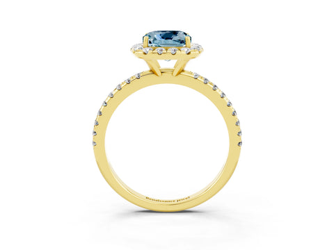 Yellow gold Cushion Cut Cut Diamond Floral Halo Engagement Ring with Pavé Band and Prong Setting_3