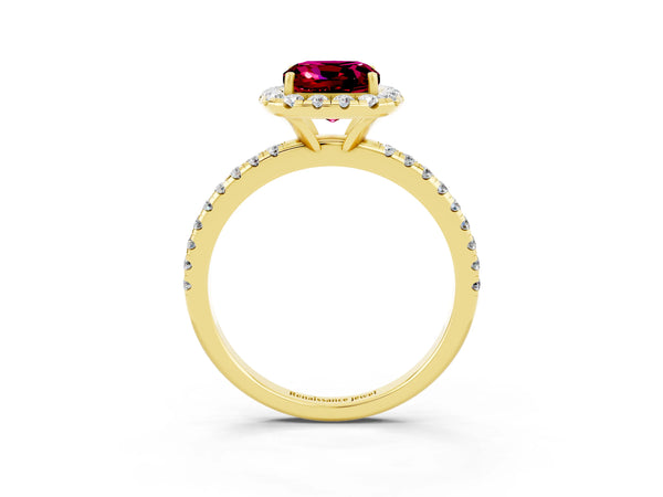 Yellow gold Cushion Cut Garnet Halo Engagement Ring with Round Pavé Band and Prong Setting