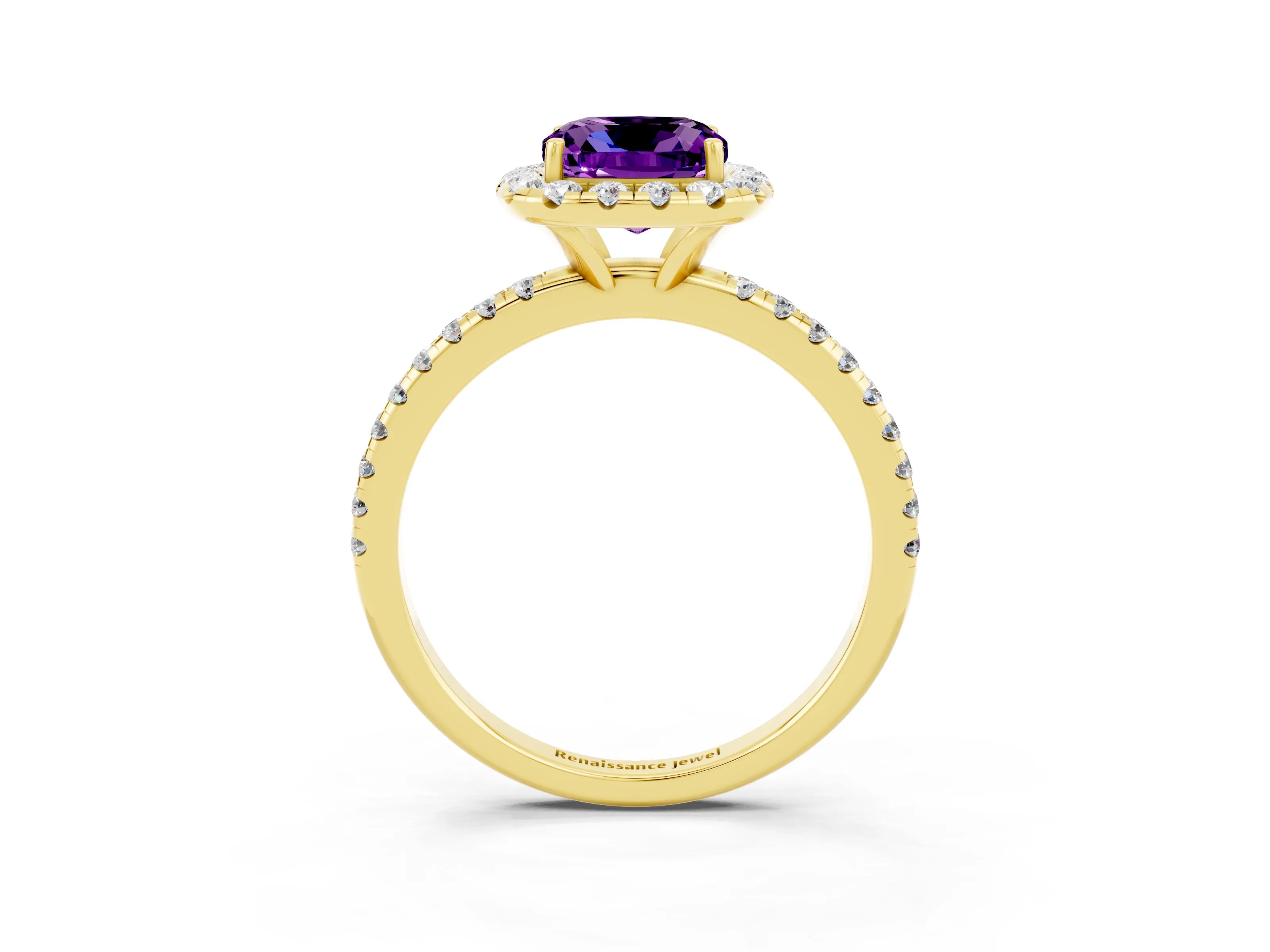 Yellow gold Cushion Cut Cut Diamond Floral Halo Engagement Ring with Pavé Band and Prong Setting_3
