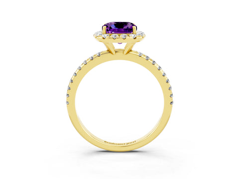 Yellow gold Cushion Cut Cut Diamond Floral Halo Engagement Ring with Pavé Band and Prong Setting_3