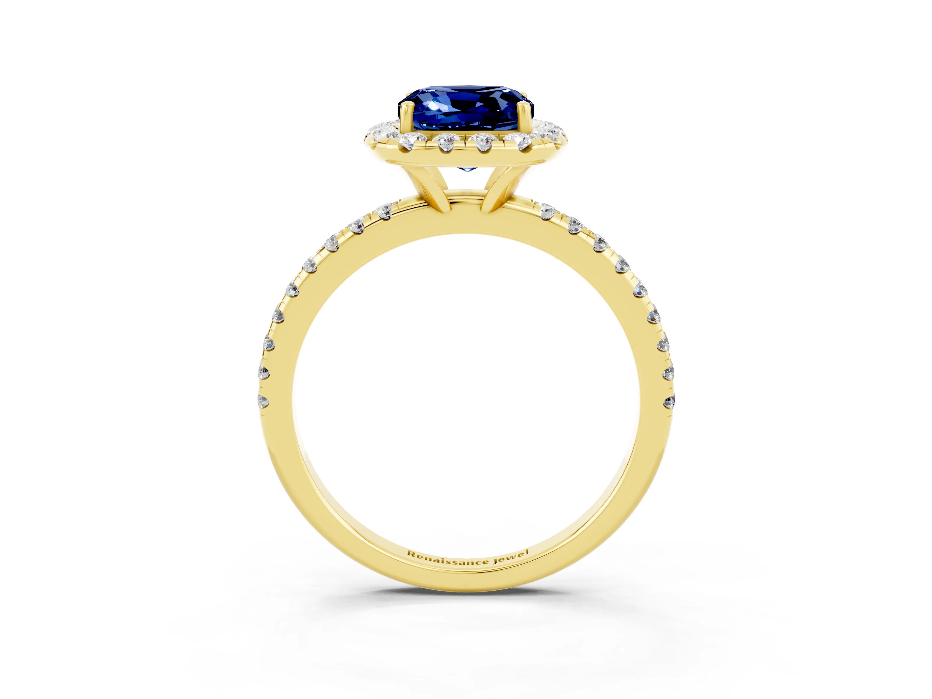 Yellow gold Cushion Cut Cut Diamond Floral Halo Engagement Ring with Pavé Band and Prong Setting_3