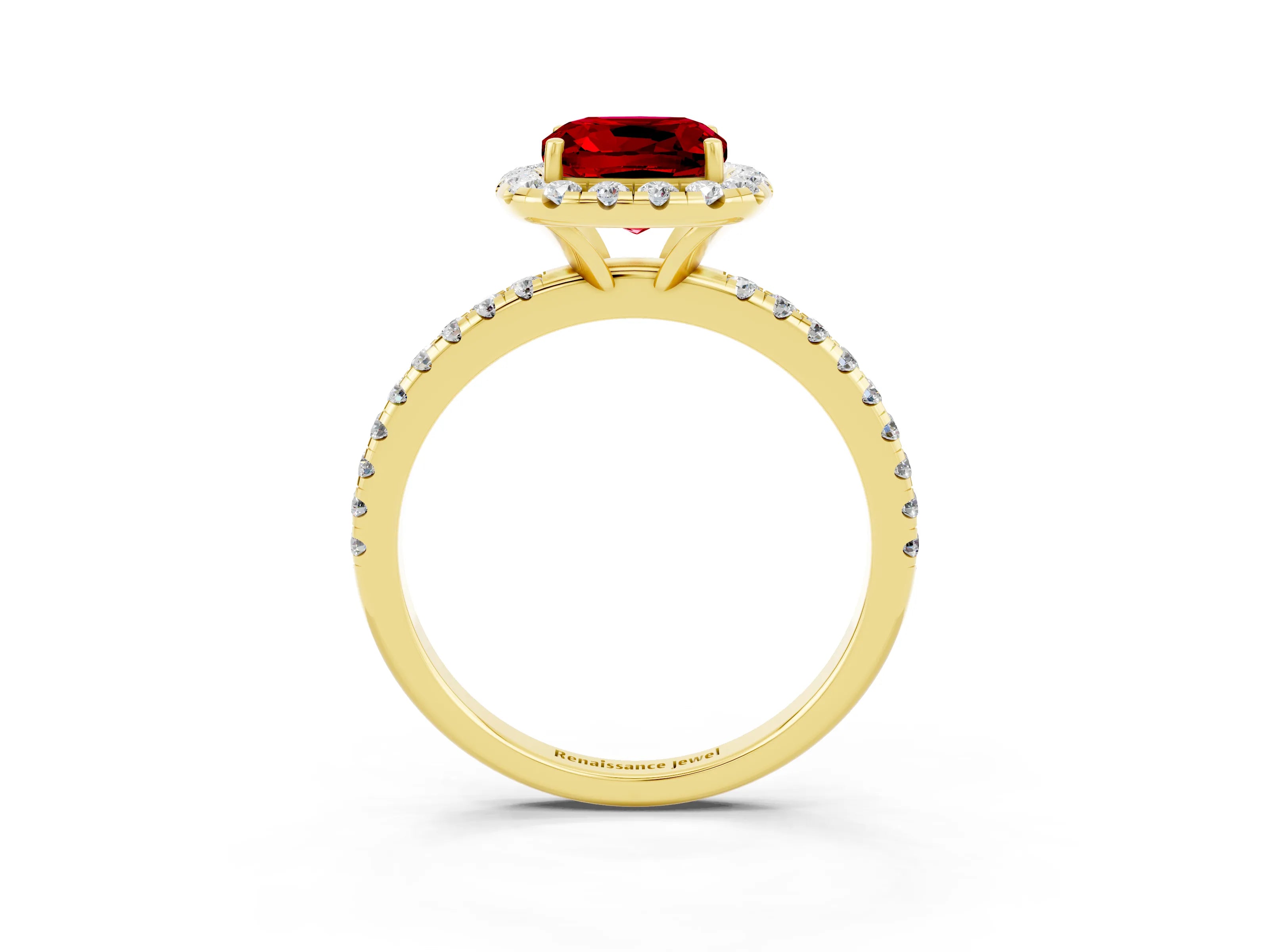 Yellow gold Cushion Cut Cut Diamond Floral Halo Engagement Ring with Pavé Band and Prong Setting_3