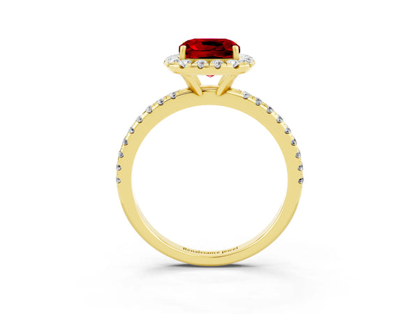 Yellow gold Cushion Cut Cut Diamond Floral Halo Engagement Ring with Pavé Band and Prong Setting