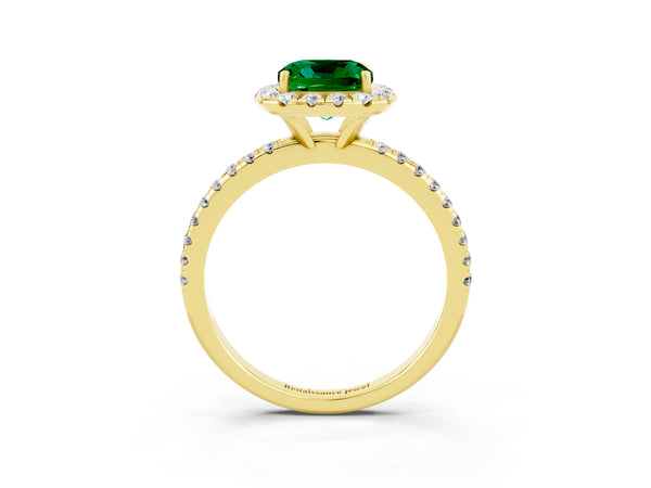 Yellow gold Cushion Cut Emerald Halo Engagement Ring with Round Pavé Band and Prong Setting