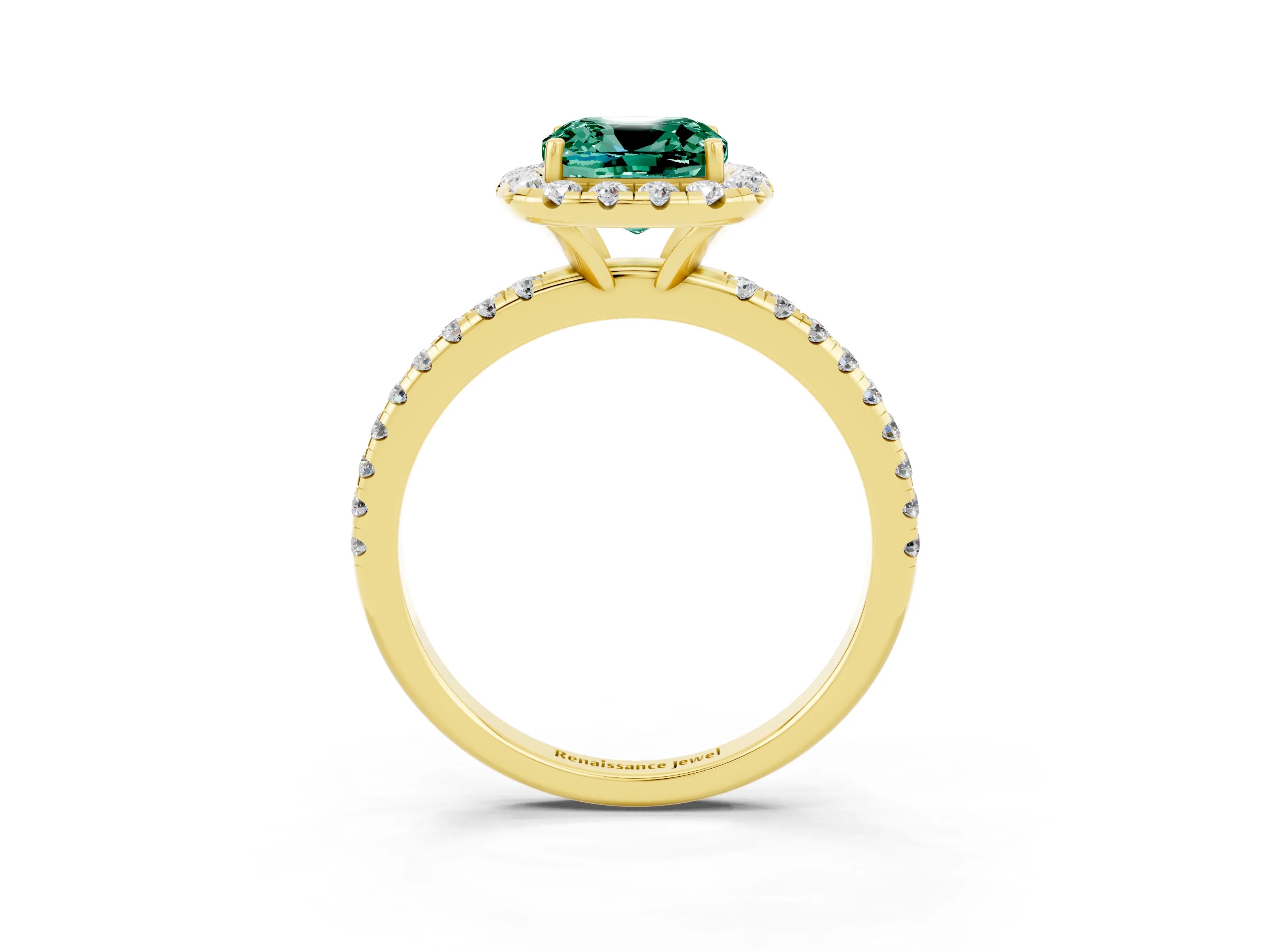 Yellow gold Cushion Cut Cut Diamond Floral Halo Engagement Ring with Pavé Band and Prong Setting_3