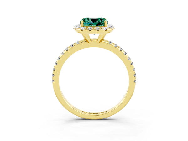 Yellow gold Cushion Cut Green Sapphire Halo Engagement Ring with Round Pavé Band and Prong Setting
