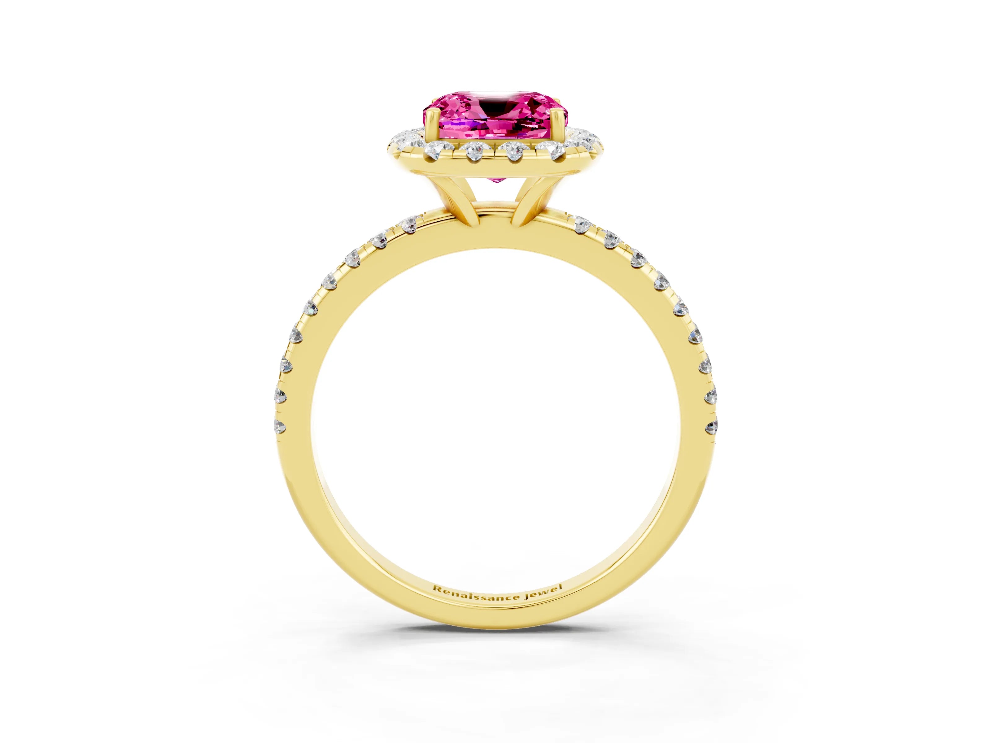Yellow gold Cushion Cut Cut Diamond Floral Halo Engagement Ring with Pavé Band and Prong Setting_3