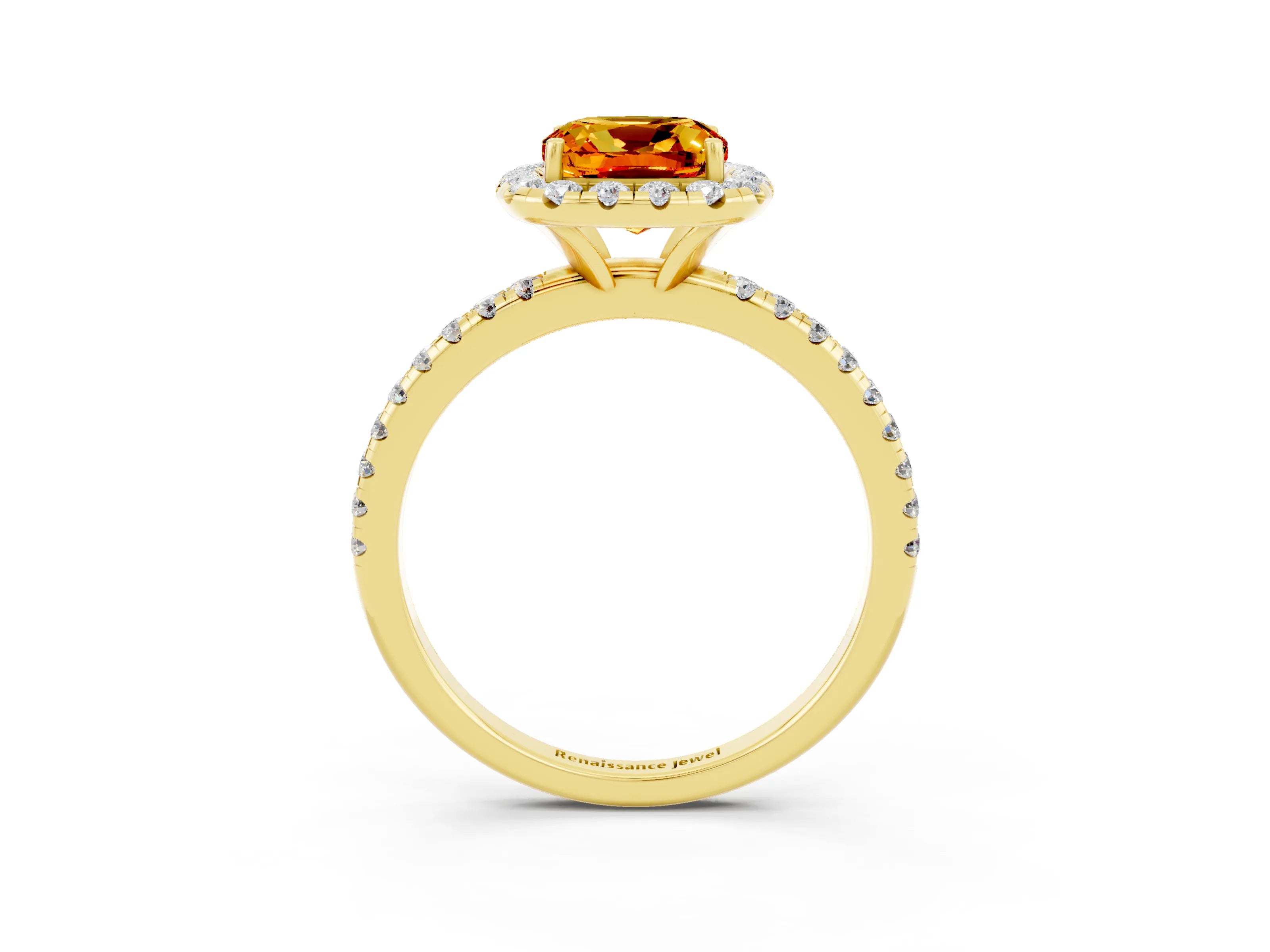 Yellow gold Cushion Cut Cut Diamond Floral Halo Engagement Ring with Pavé Band and Prong Setting_3