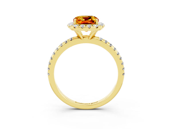 Yellow gold Cushion Cut Citrine Halo Engagement Ring with Round Pavé Band and Prong Setting