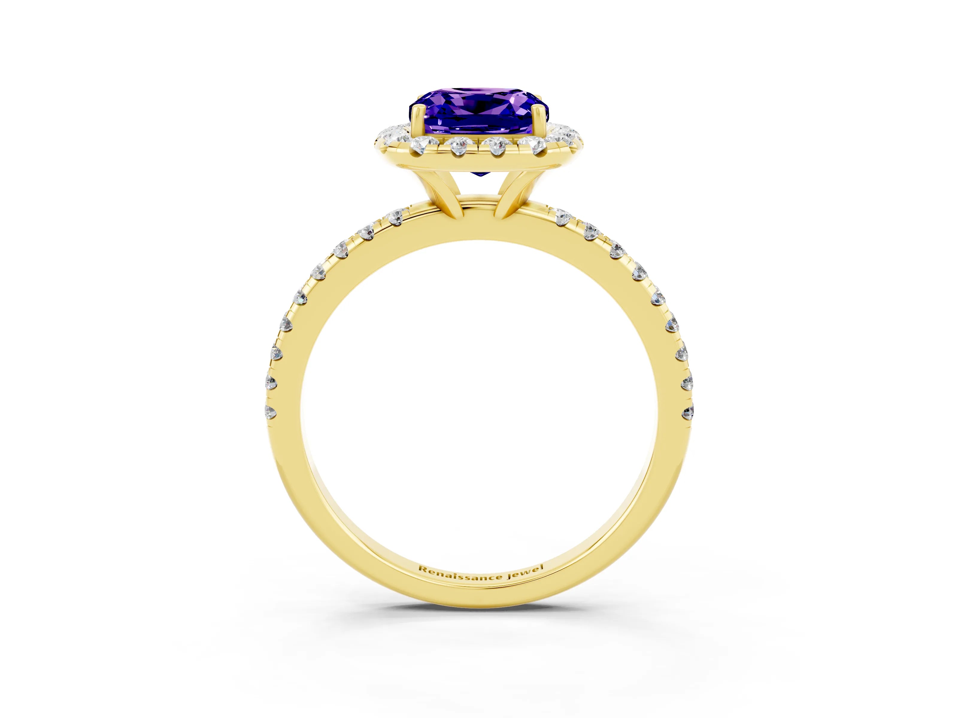 Yellow gold Cushion Cut Cut Diamond Floral Halo Engagement Ring with Pavé Band and Prong Setting_3