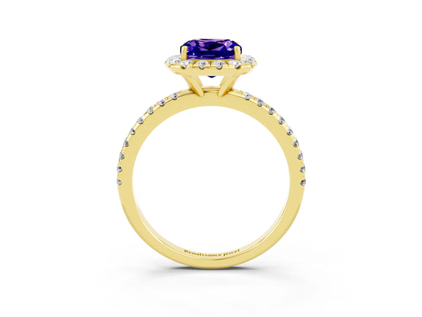 Yellow gold Cushion Cut Tanzanite Halo Engagement Ring with Round Pavé Band and Prong Setting