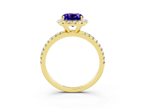 Yellow gold Cushion Cut Cut Diamond Floral Halo Engagement Ring with Pavé Band and Prong Setting_3