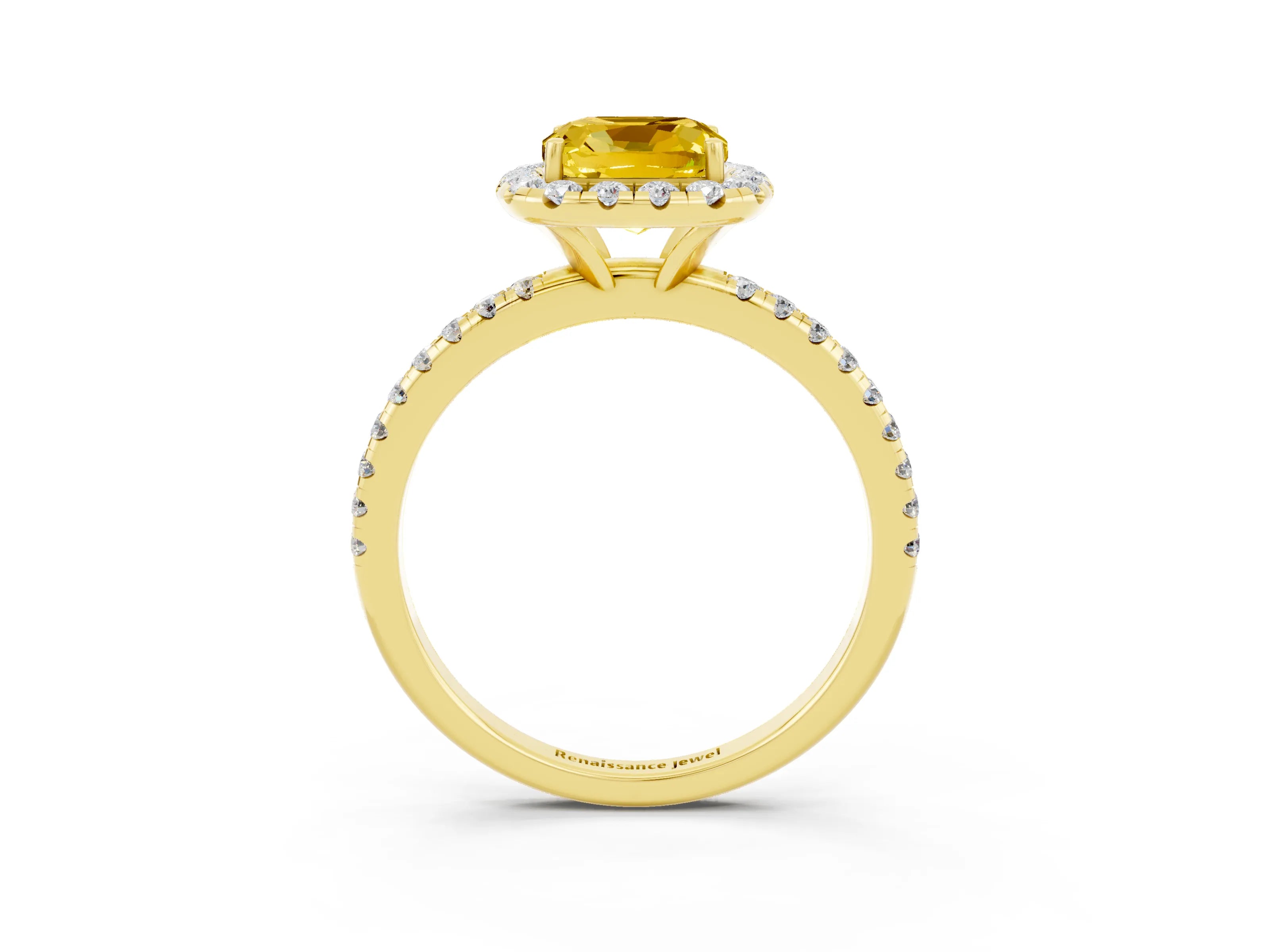 Yellow gold Cushion Cut Cut Diamond Floral Halo Engagement Ring with Pavé Band and Prong Setting_3