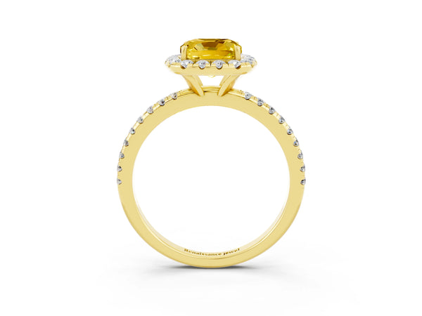 Yellow gold Cushion Cut Yellow Sapphire Halo Engagement Ring with Round Pavé Band and Prong Setting