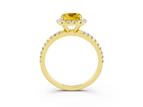 Yellow gold Cushion Cut Cut Diamond Floral Halo Engagement Ring with Pavé Band and Prong Setting_3