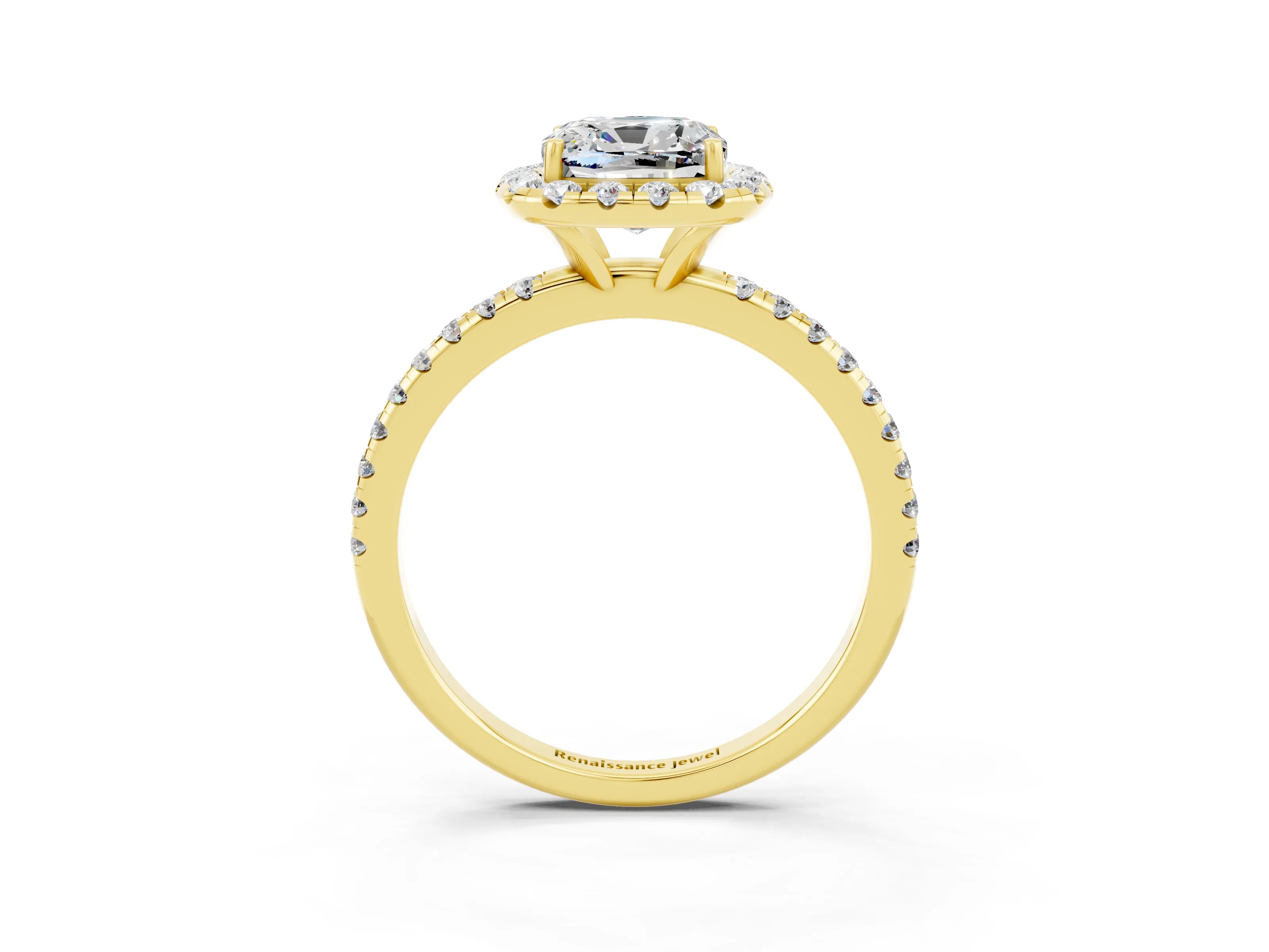 Yellow gold Cushion Cut Cut Diamond Floral Halo Engagement Ring with Pavé Band and Prong Setting_3