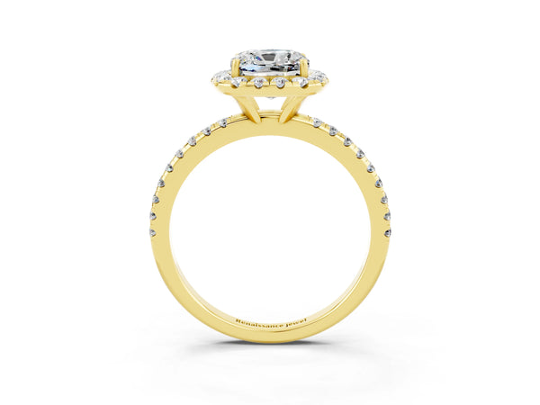 Yellow gold Cushion Cut Moissanite Halo Engagement Ring with Round Pavé Band and Prong Setting