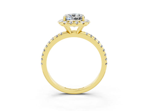 Yellow gold Cushion Cut Cut Diamond Floral Halo Engagement Ring with Pavé Band and Prong Setting_3