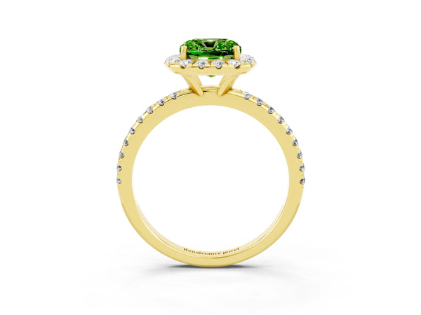 Yellow gold Cushion Cut Cut Diamond Floral Halo Engagement Ring with Pavé Band and Prong Setting