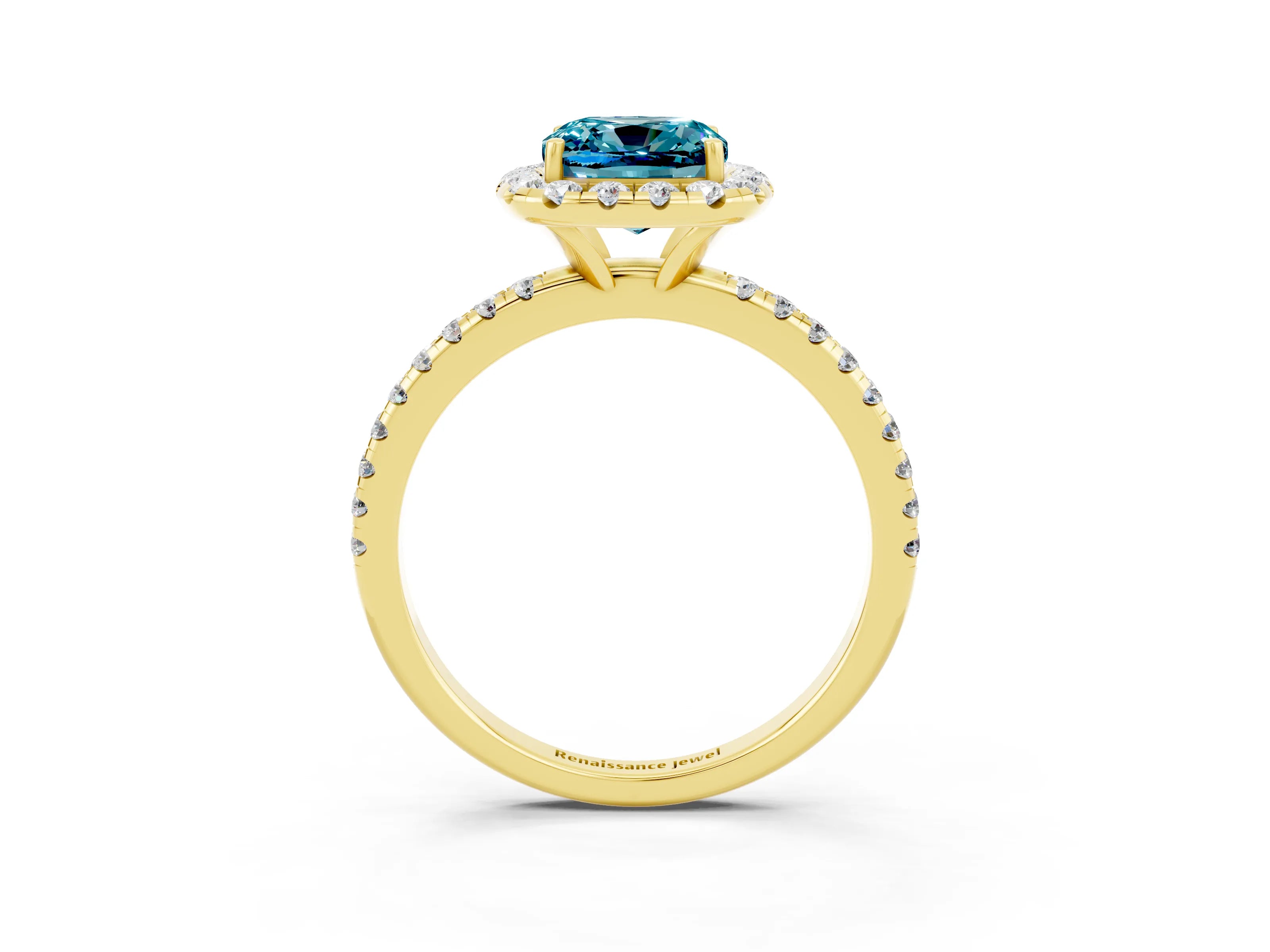 Yellow gold Cushion Cut Cut Diamond Floral Halo Engagement Ring with Pavé Band and Prong Setting_3