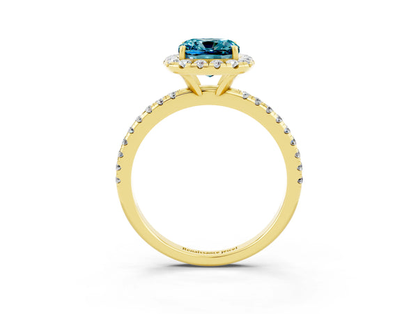 Yellow gold Cushion Cut Cut Diamond Floral Halo Engagement Ring with Pavé Band and Prong Setting