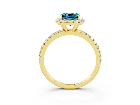 Yellow gold Cushion Cut Cut Diamond Floral Halo Engagement Ring with Pavé Band and Prong Setting_3