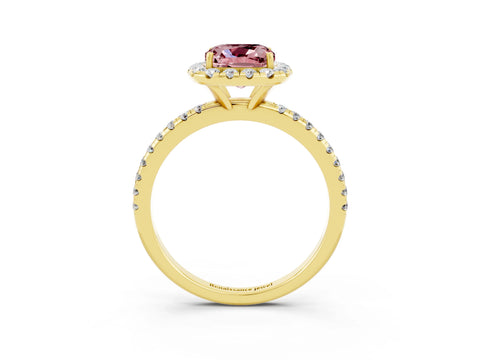Yellow gold Cushion Cut Cut Diamond Floral Halo Engagement Ring with Pavé Band and Prong Setting_3
