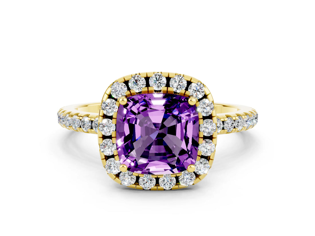Yellow gold Cushion Cut Cut Diamond Floral Halo Engagement Ring with Pavé Band and Prong Setting